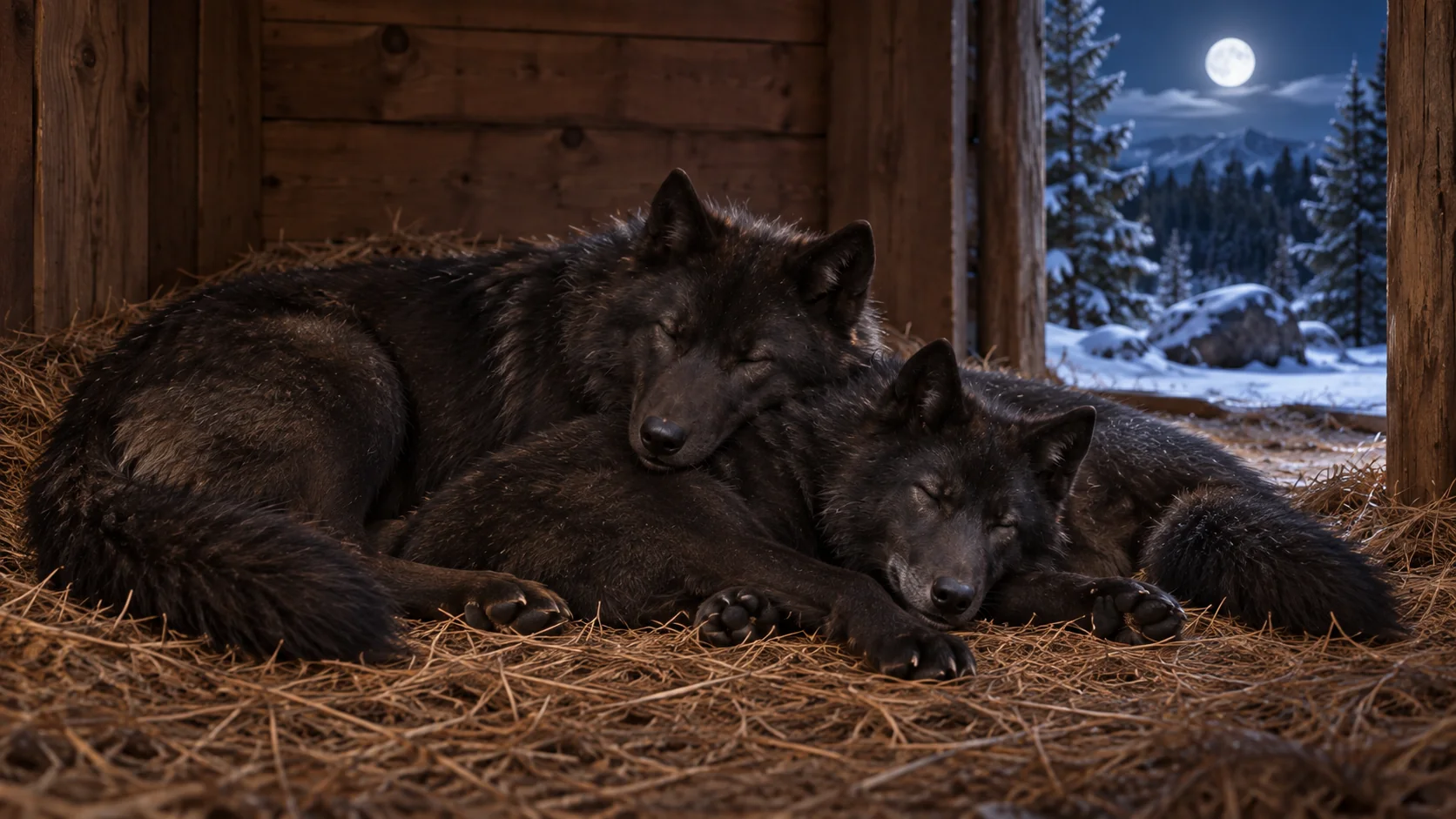 The wolf brothers resting together beneath the night sky