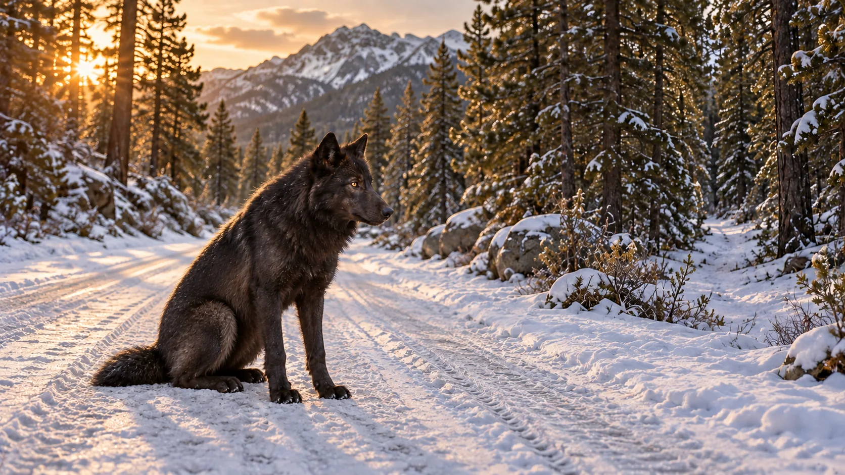 A young black wolf waiting in a snowy Montana forest